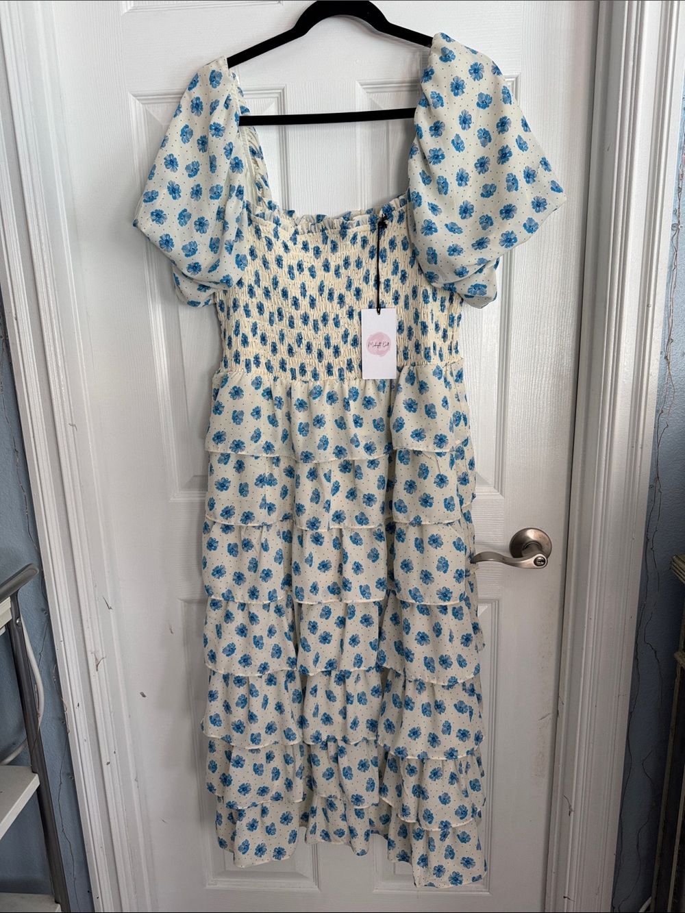 Cream Blue Floral Square-Neck Tiered Casual Dress